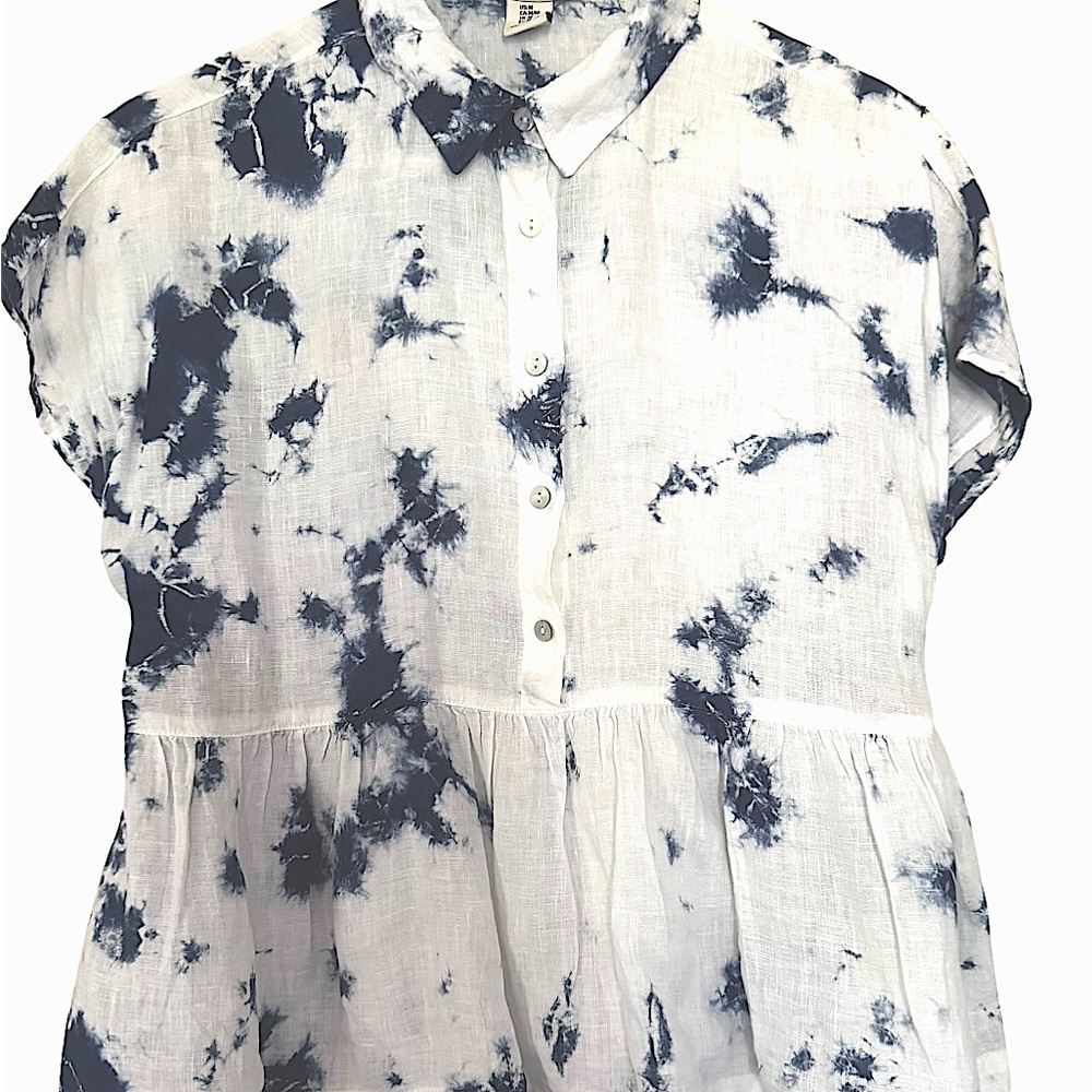 Rachel Zoe Blue White Tie-Dye Linen Button Front Collared Peplum Cropped Top - Picture 10 of 16